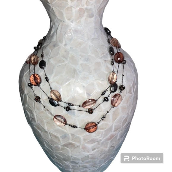 Three Strand Antique Black Chain and Amber Stone Necklace - Picture 1 of 7